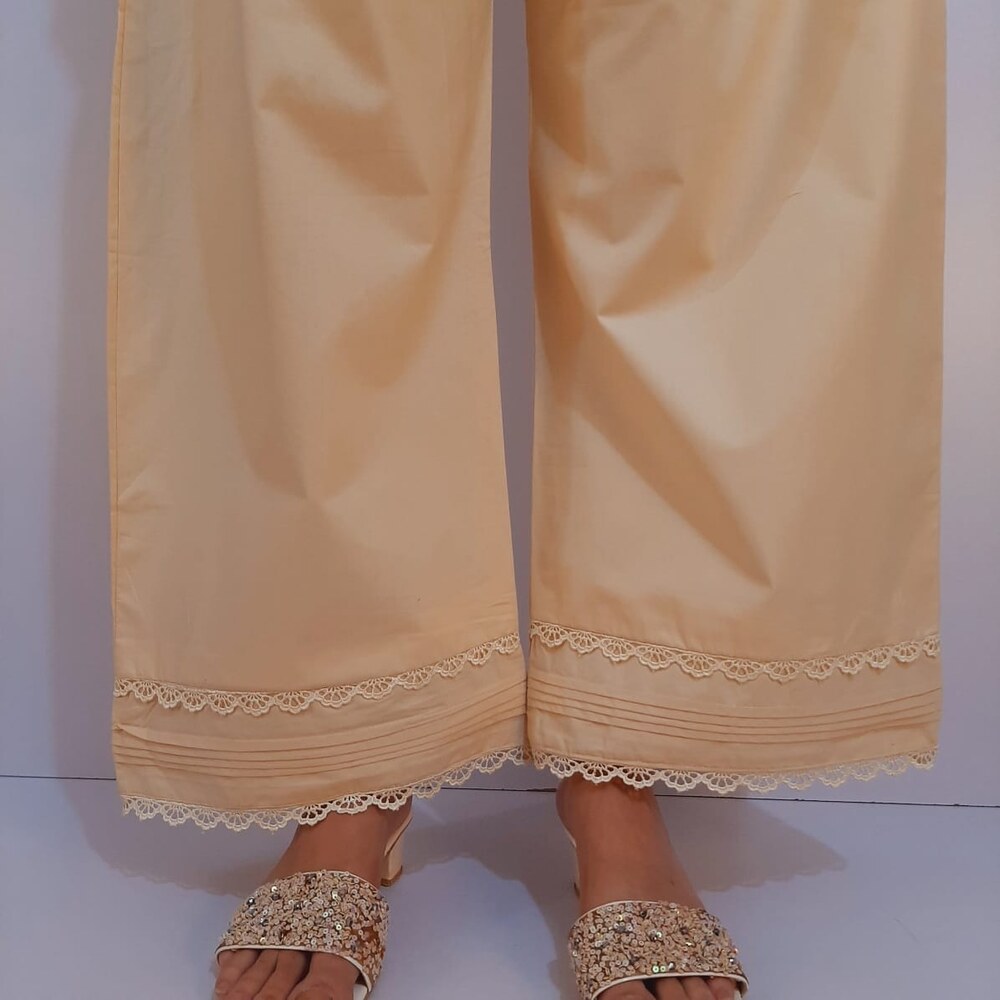 Laces Embellished Cotton Palazzo - Beige - PT38