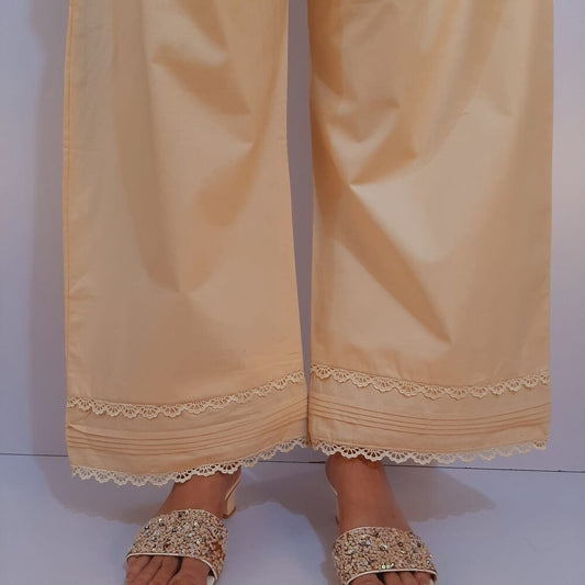 Laces Embellished Cotton Palazzo - Beige - PT38