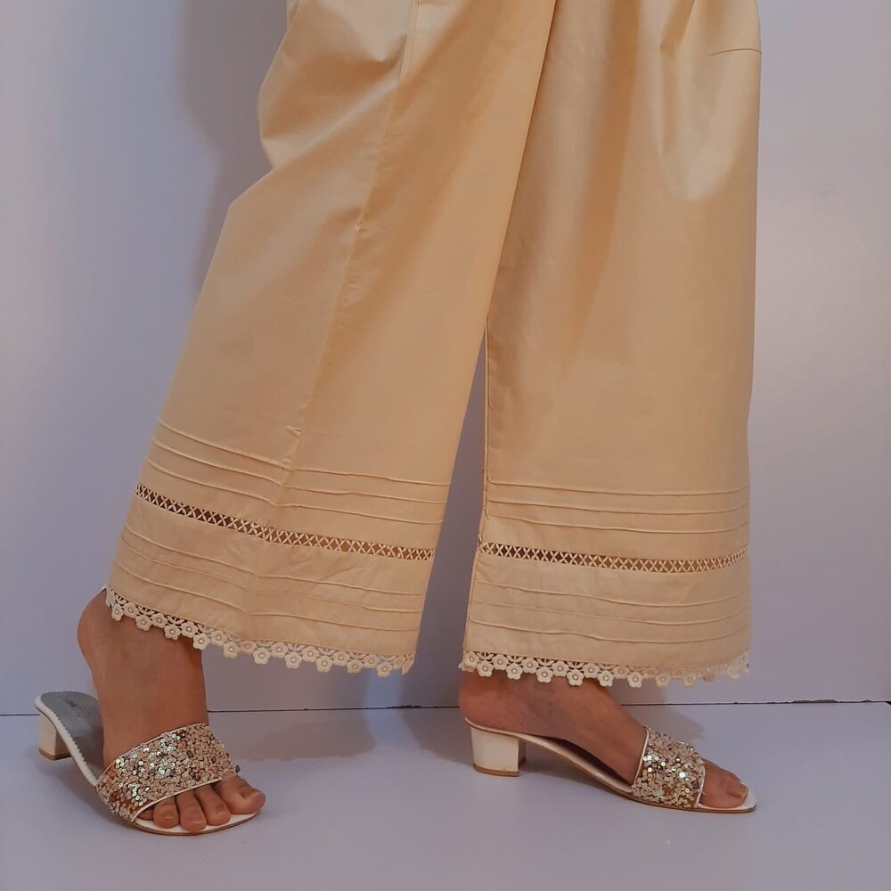 Laces Embellished Cotton Palazzo - Beige - PT39