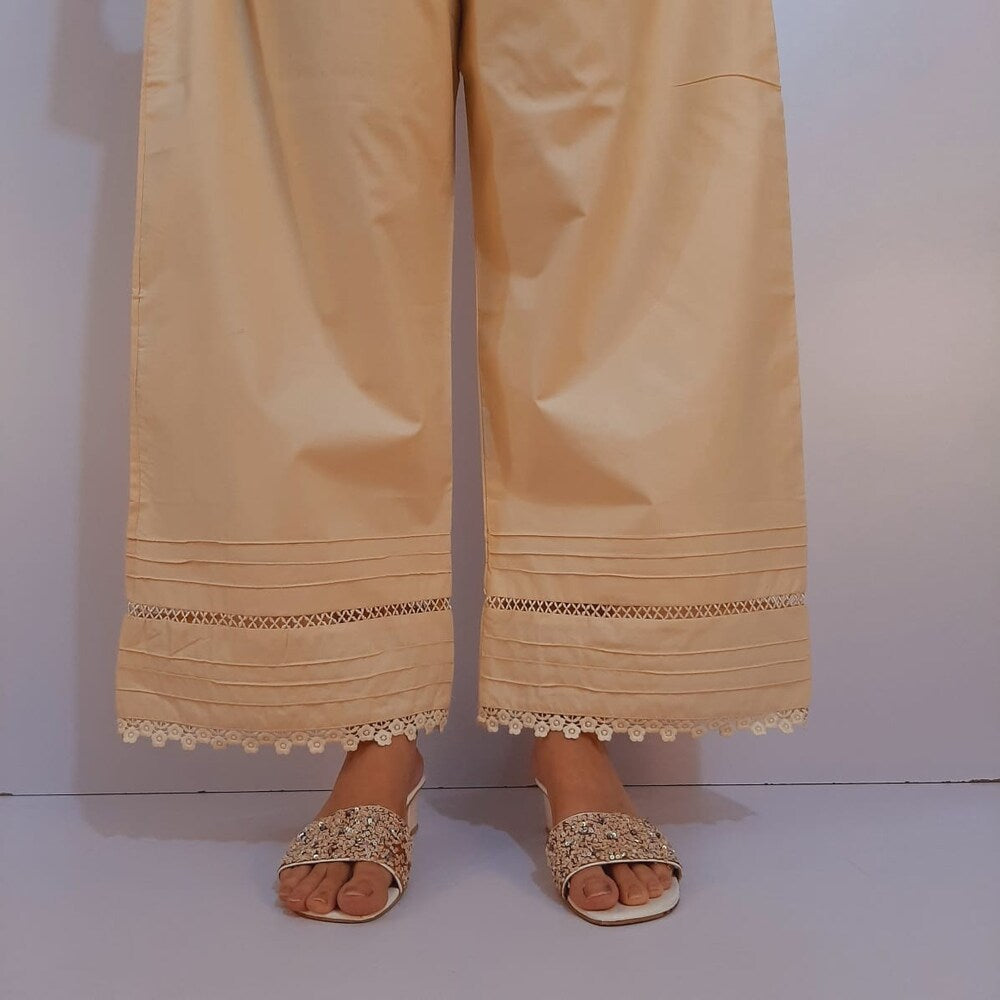 Laces Embellished Cotton Palazzo - Beige - PT39