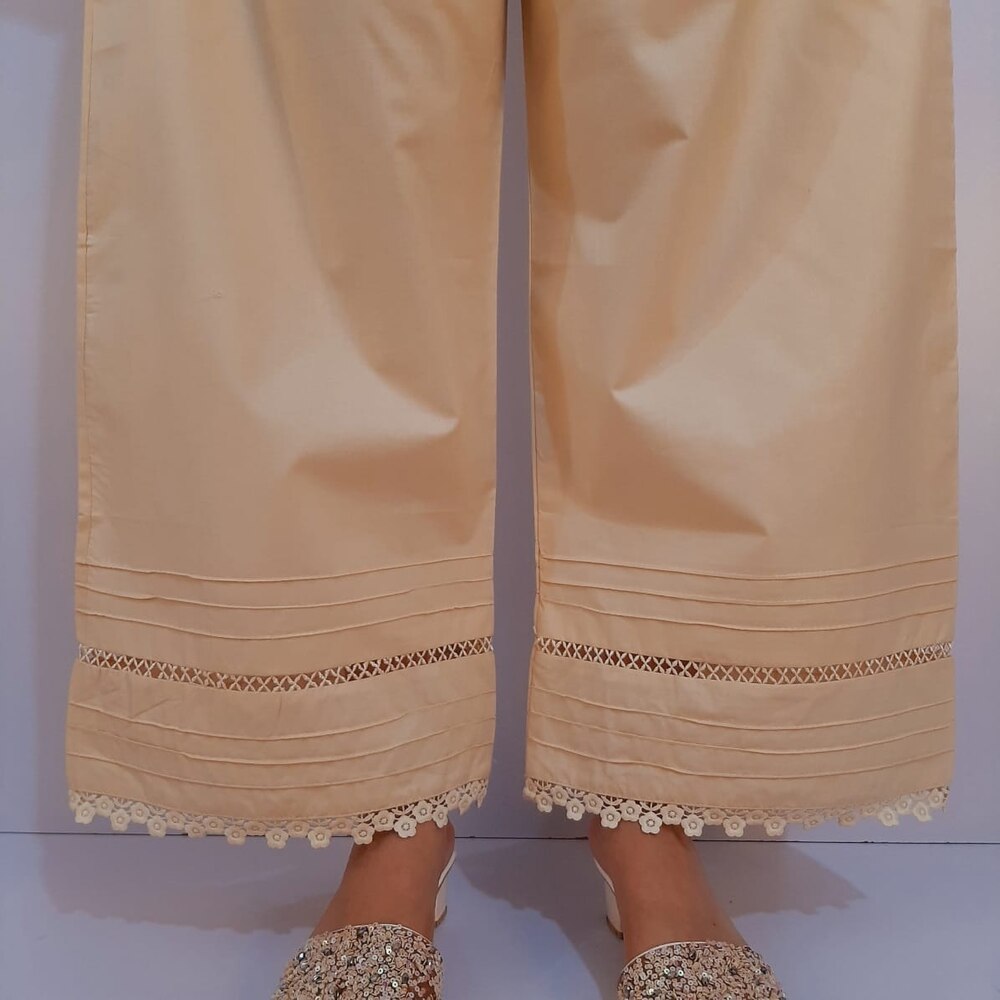Laces Embellished Cotton Palazzo - Beige - PT39