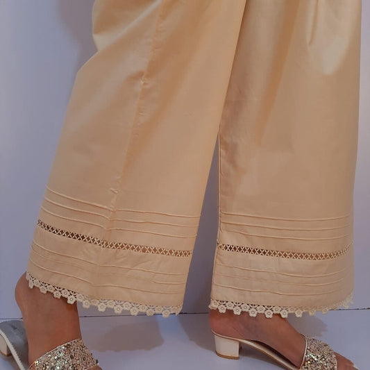 Laces Embellished Cotton Palazzo - Beige - PT39