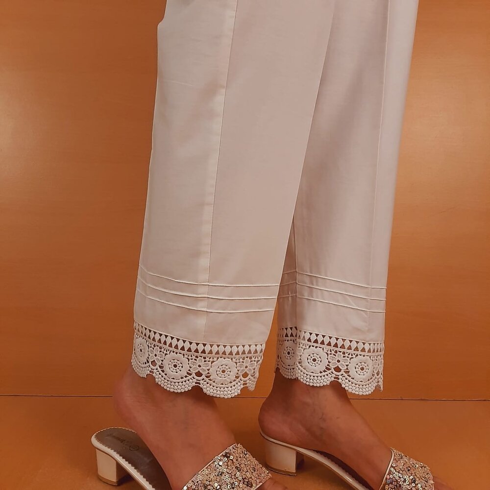 Lace Embellished Trouser Cotton - White - ZT206