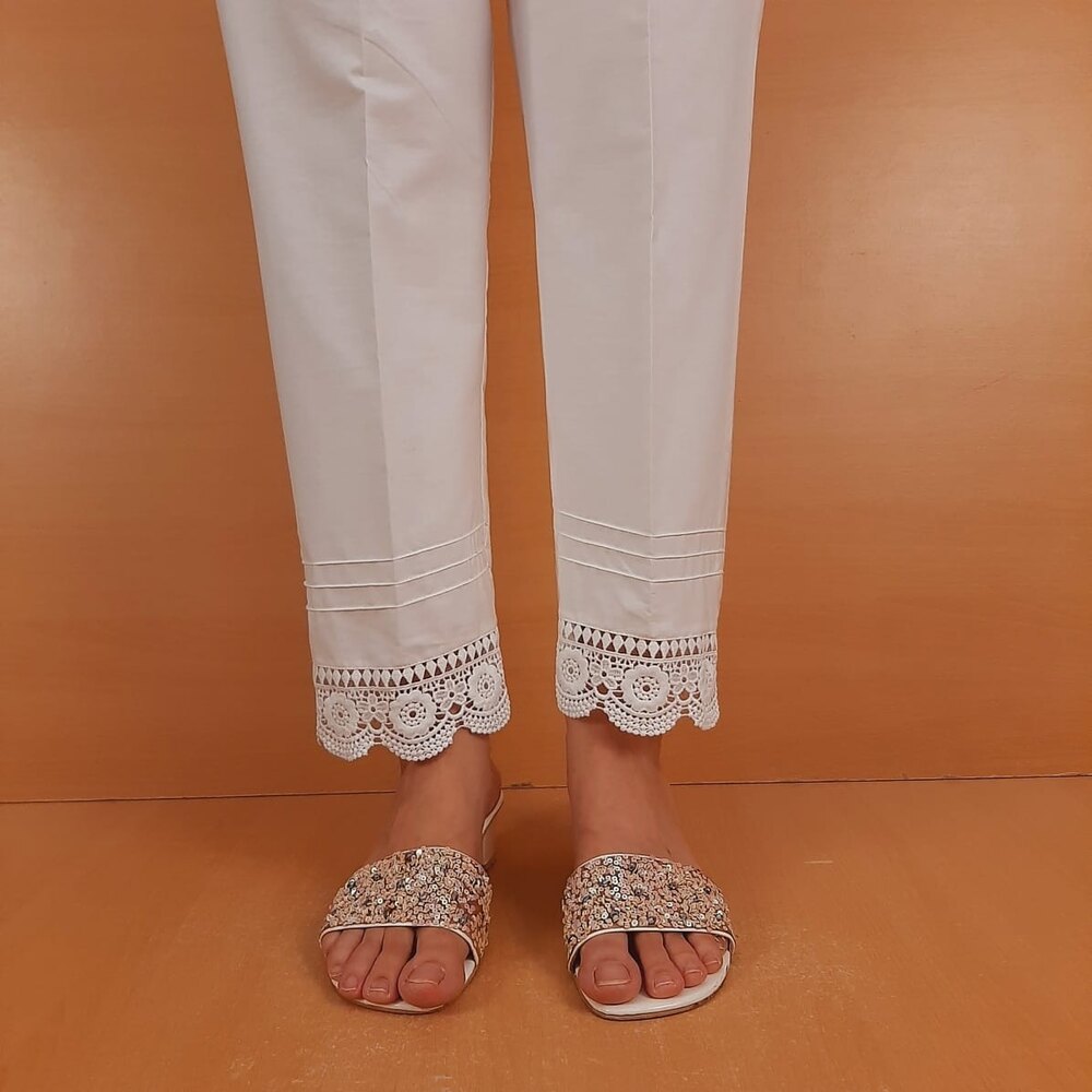 Lace Embellished Trouser Cotton - White - ZT206