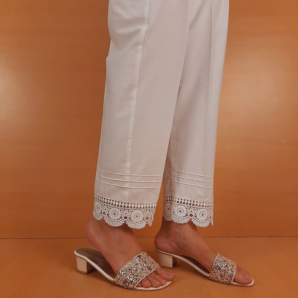 Lace Embellished Trouser Cotton - White - ZT206