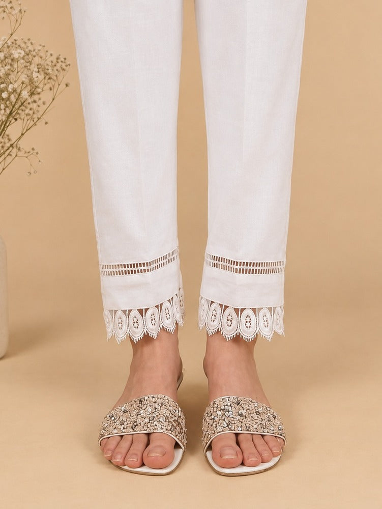 Lace Embellished Trouser Cotton - White - ZT501