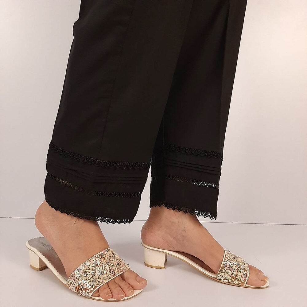 Laces embellished Soft Cotton Trouser - Black - PT08