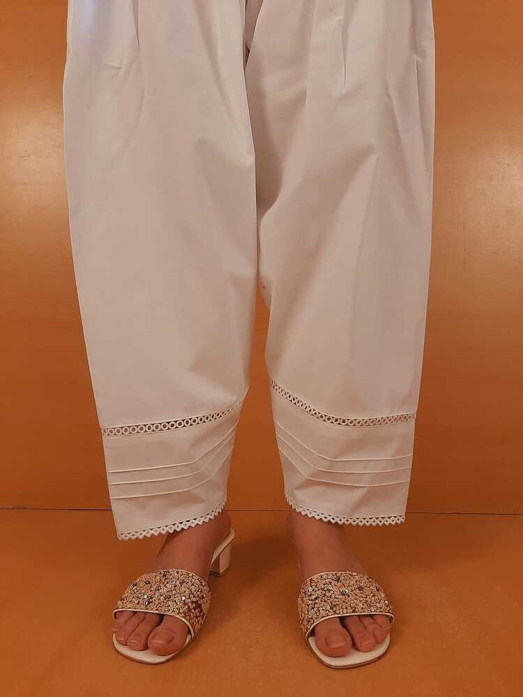 Laces Embellished Cotton Shalwar - White - ZSL26