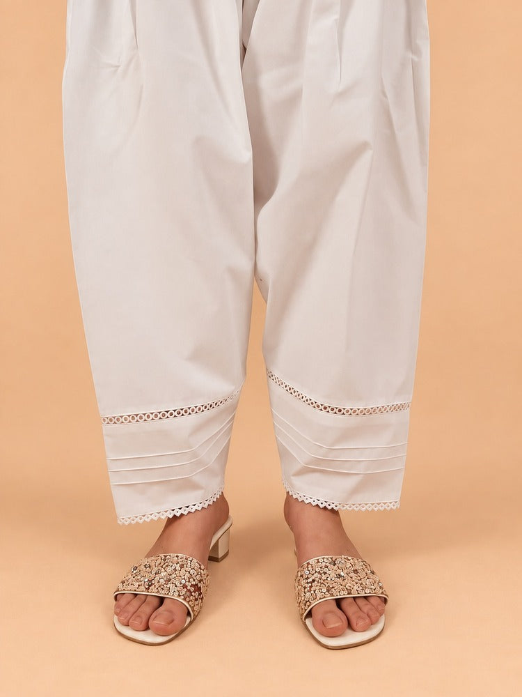 Laces Embellished Cotton Shalwar - White - ZSL26