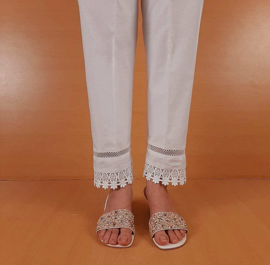 Laces Embellished Trouser Pant - Cotton - White - ZT427
