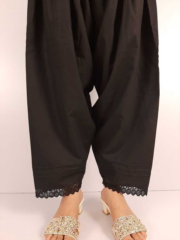 laces Embellised Cotton Shalwar - Black - ZSL12