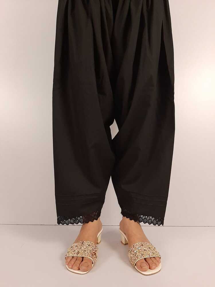 laces Embellised Cotton Shalwar - Black - ZSL12