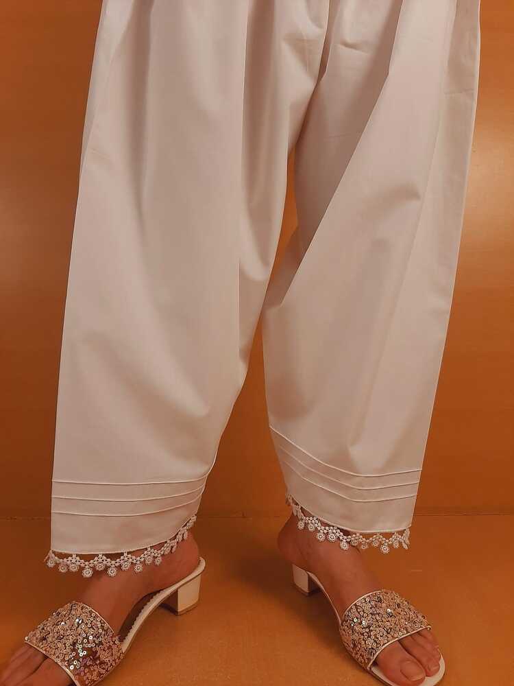 laces Embellised Cotton Shalwar - White - ZSL13