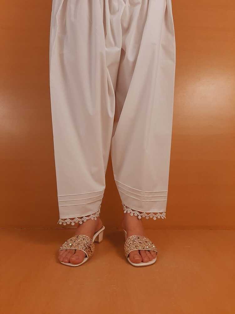 laces Embellised Cotton Shalwar - White - ZSL13