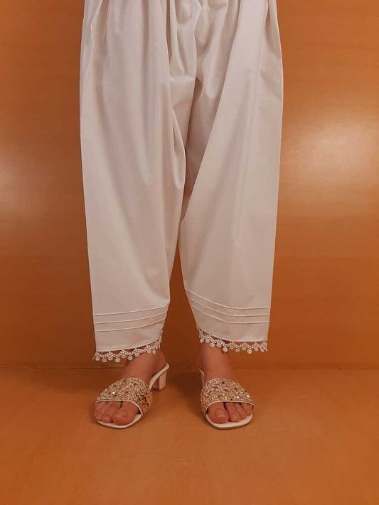 laces Embellised Cotton Shalwar - White - ZSL13