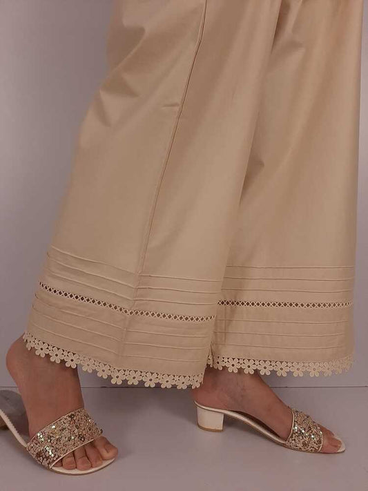 Laces Embellished Cotton Palazzo - Beige - PT22