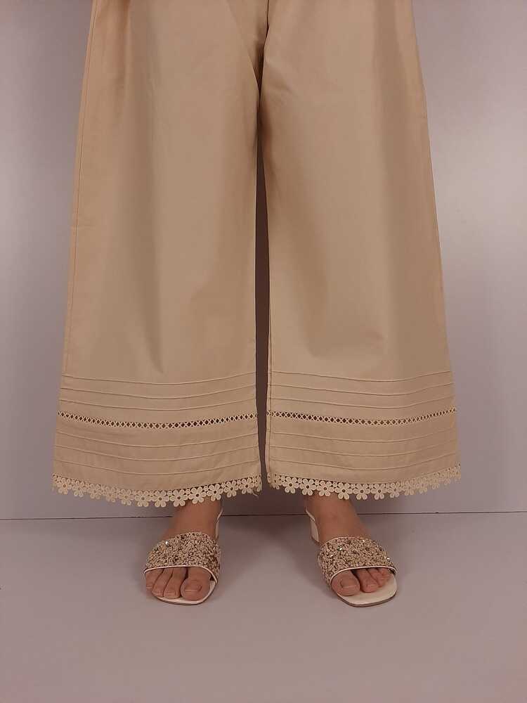 Laces Embellished Cotton Palazzo - Beige - PT22