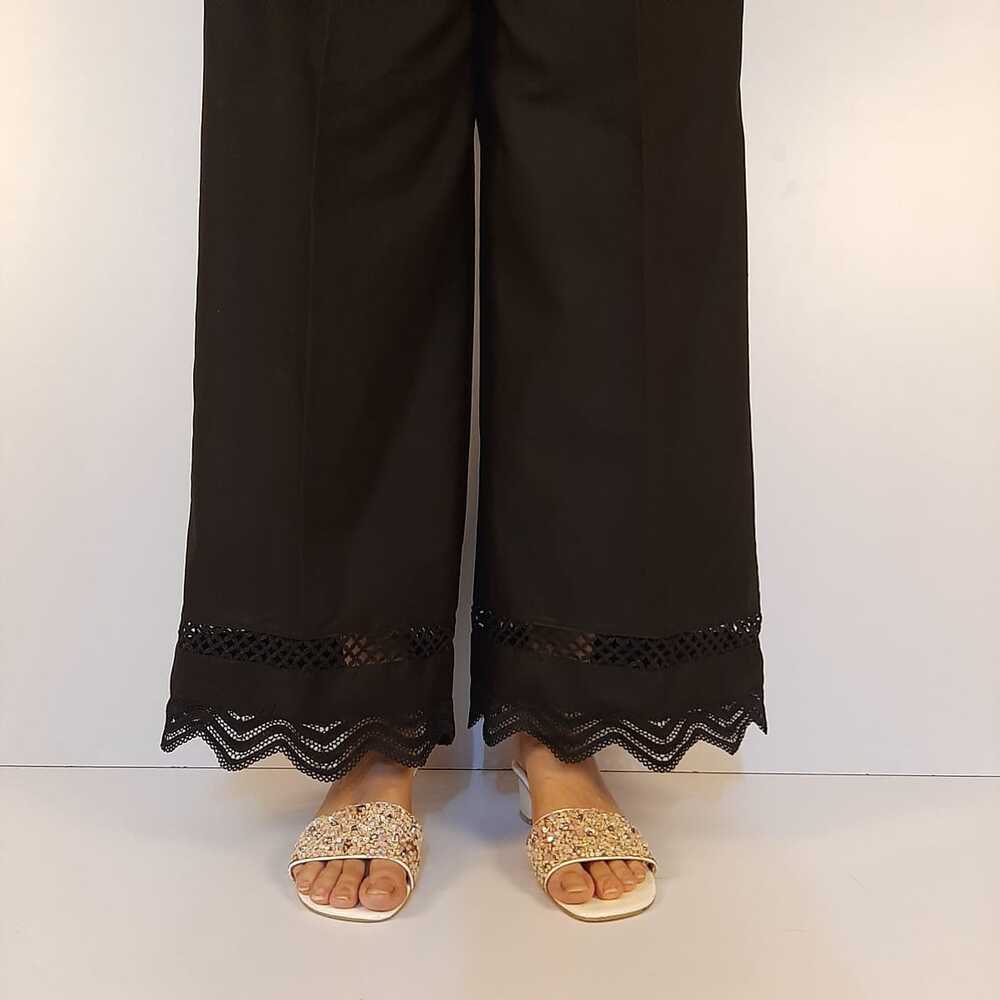 Laces Embellished Cotton Palazzo - Black - ZT201