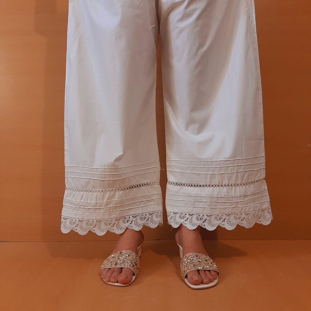 Laces Embellished Cotton Palazzo - White - PT20