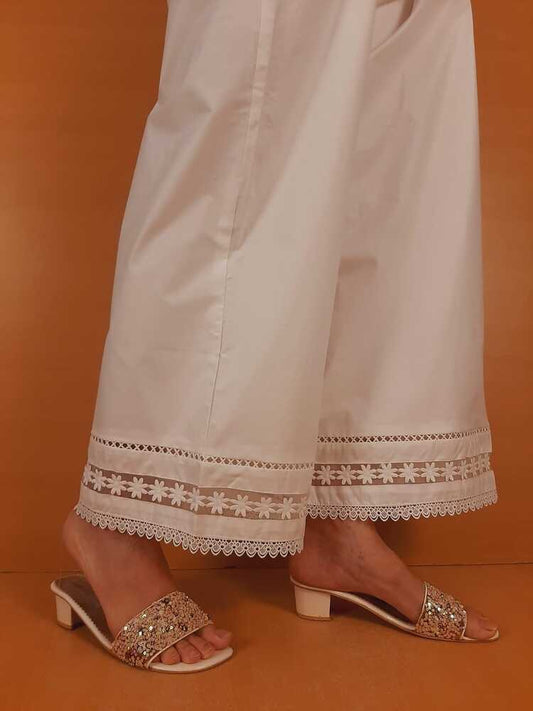 Laces Embellished Cotton Palazzo - White - PT21