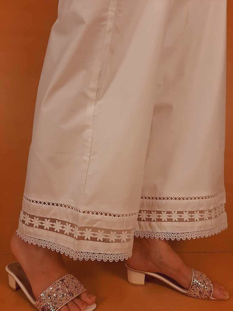 Laces Embellished Cotton Palazzo - White - PT21