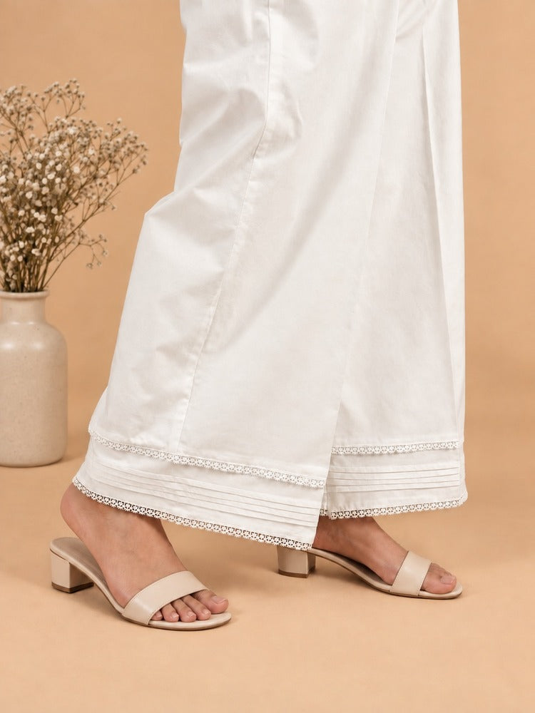 Laces Embellished Cotton Palazzo - White - PT21