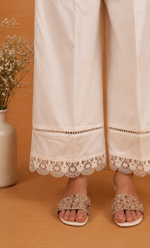 Laces embellished Cotton Palazzo - White - PT01