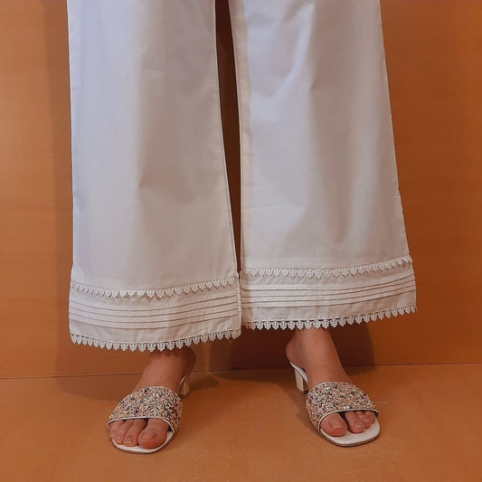Laces Embellished Cotton Palazzo - White - PT18