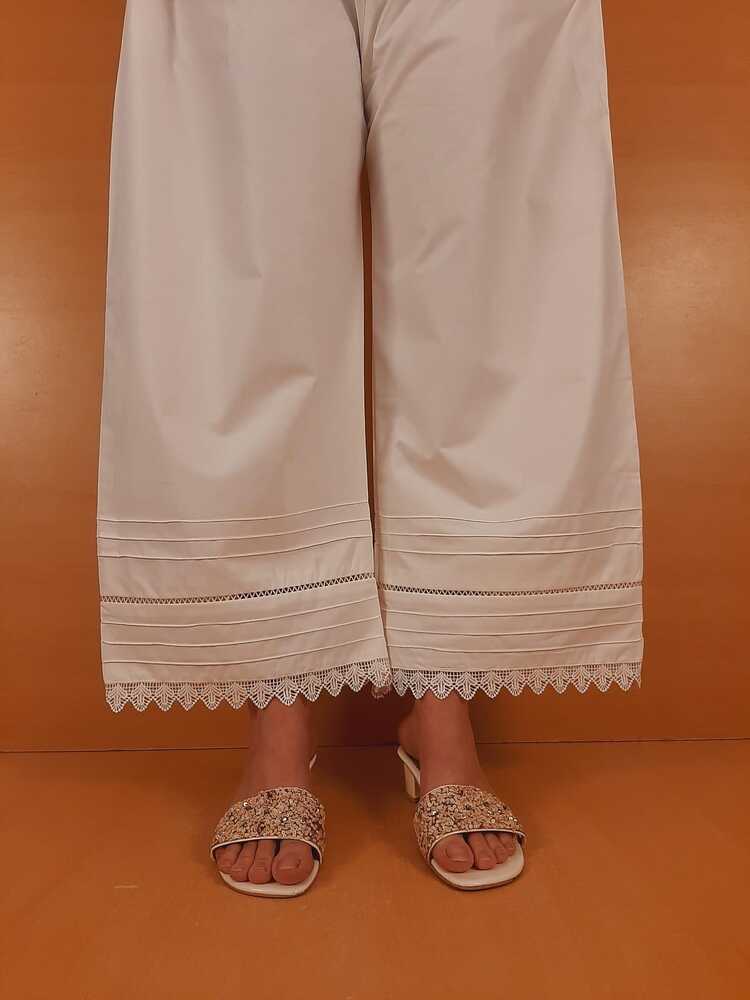Laces Embellished Cotton Palazzo - White - PT23