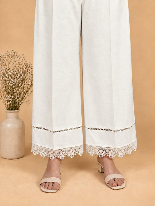 Laces Embellished Cotton Palazzo - White - PT23
