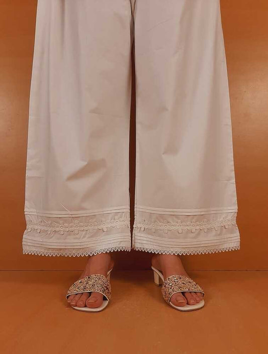 Laces Embellished Cotton Palazzo - White - PT26