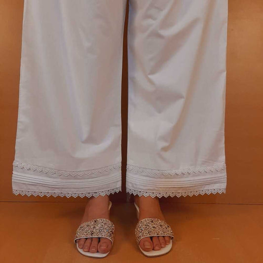 Laces Embellished Cotton Palazzo - White - PT27