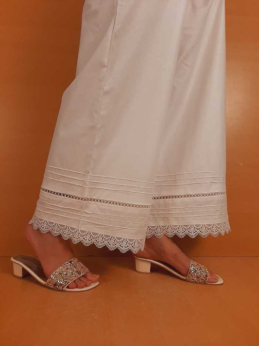 Laces Embellished Cotton Palazzo - White - PT27