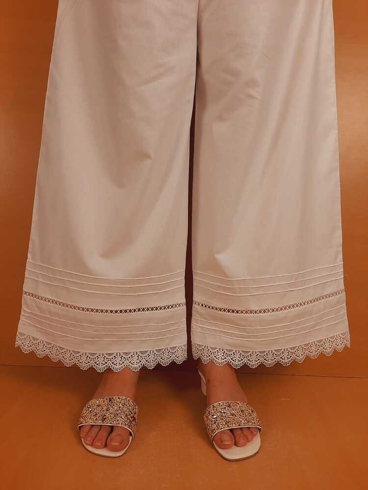 Laces Embellished Cotton Palazzo - White - PT27