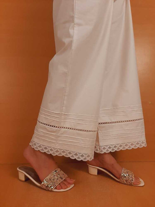 Laces Embellished Cotton Palazzo - White - PT28