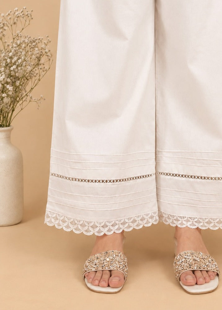 Laces Embellished Cotton Palazzo - White - PT28