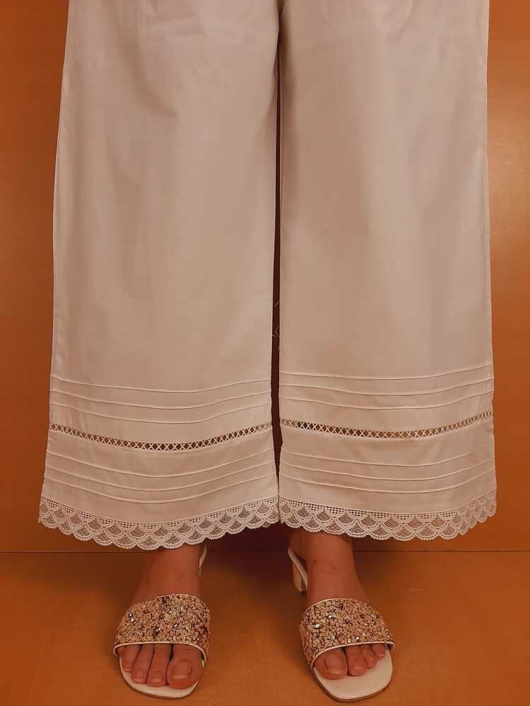 Laces Embellished Cotton Palazzo - White - PT28