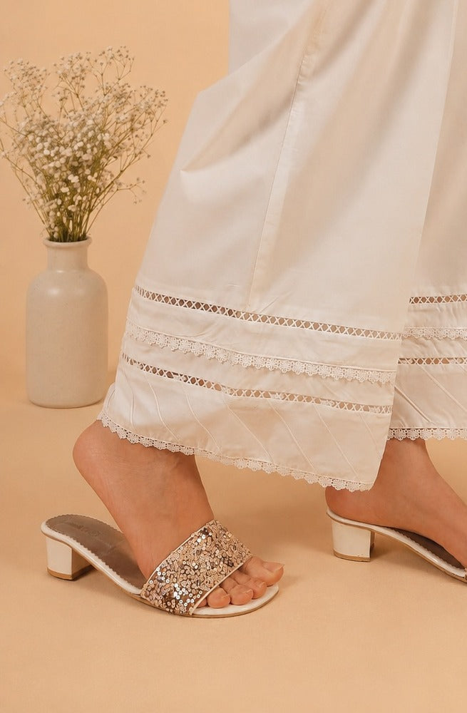 Laces Embellished Cotton Palazzo - White - PT33