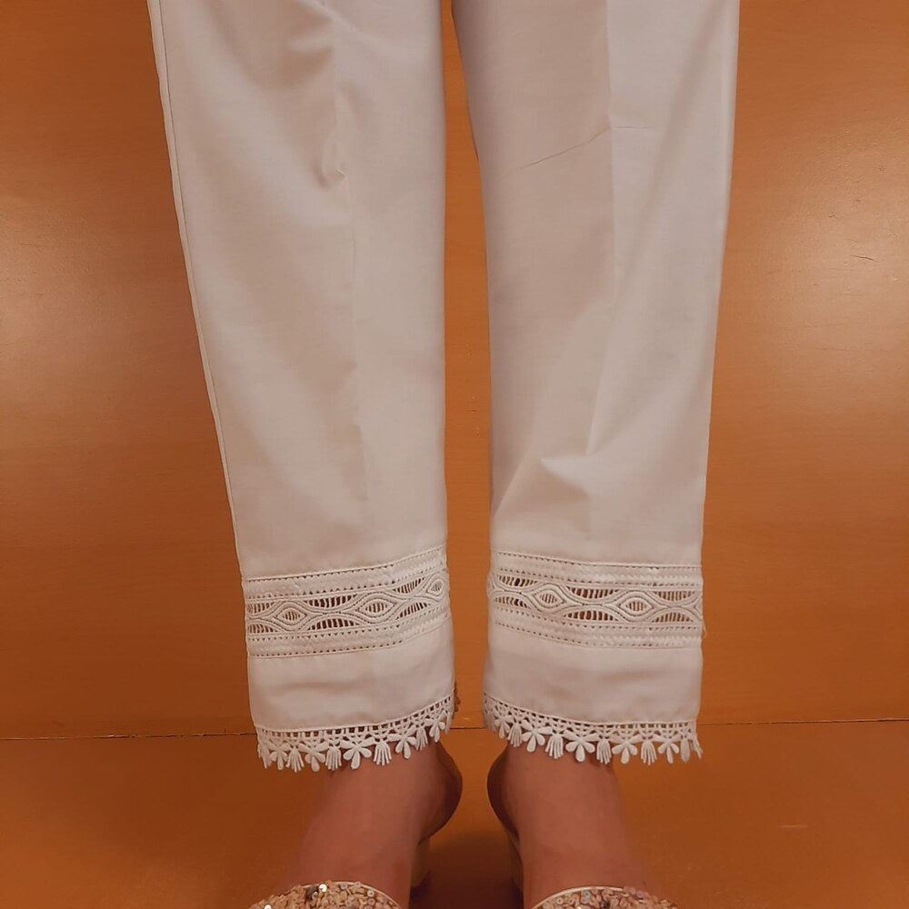 Lace Embellished Trouser Cotton - White - ZT226