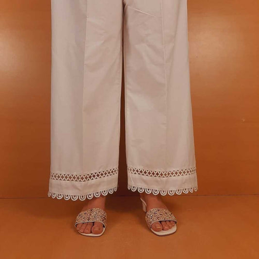 Laces Embellished Cotton Palazzo - White - ZT310