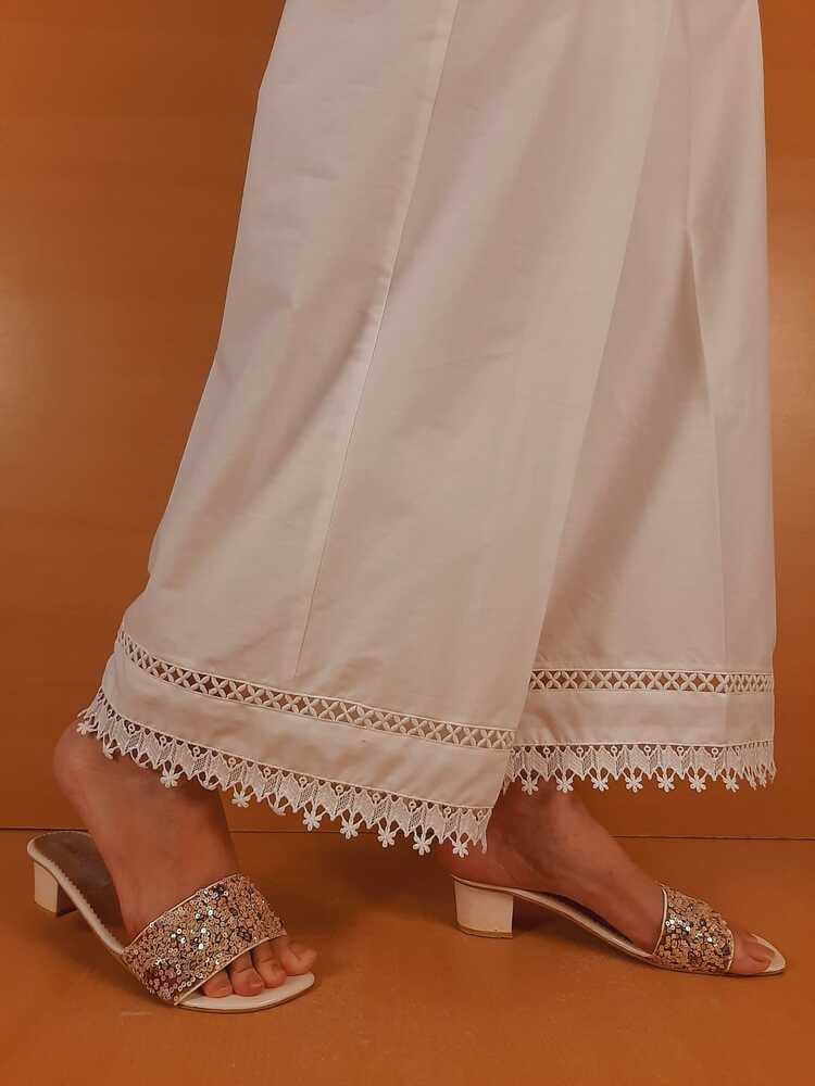 Laces Embellished Cotton Palazzo - White - ZT402