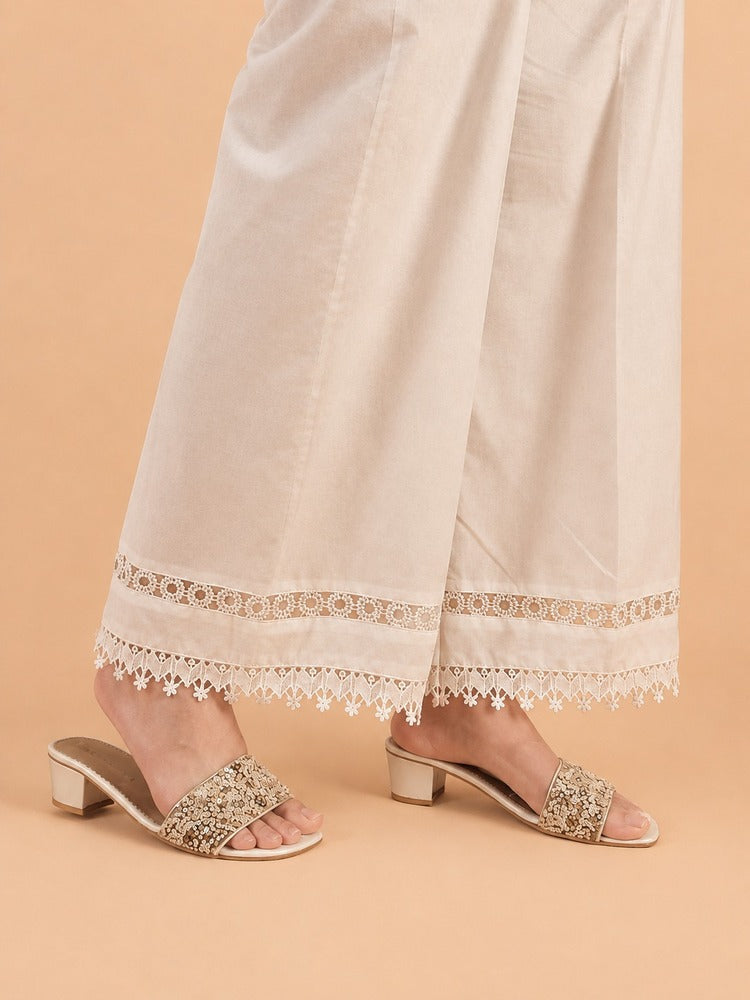 Laces Embellished Cotton Palazzo - White - ZT545
