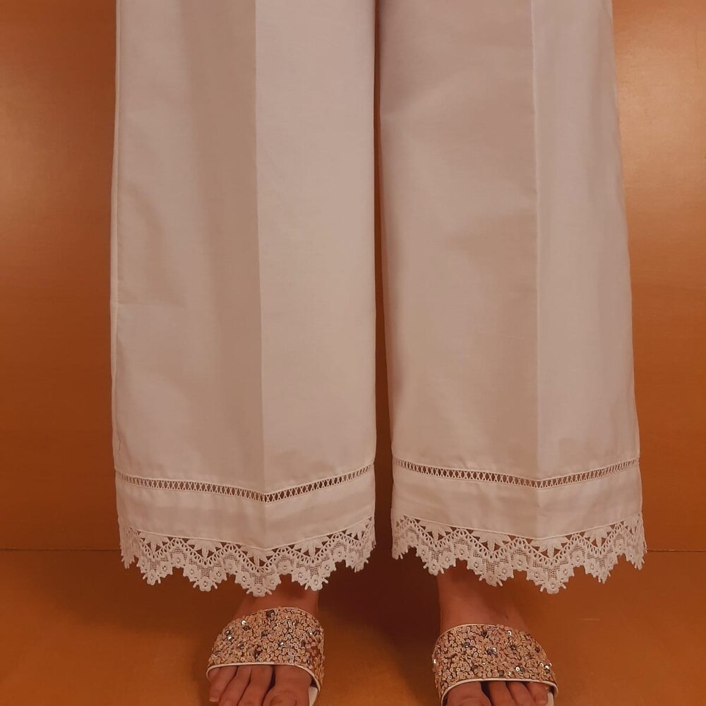 Laces Embellished Cotton Palazzo - White - ZT545