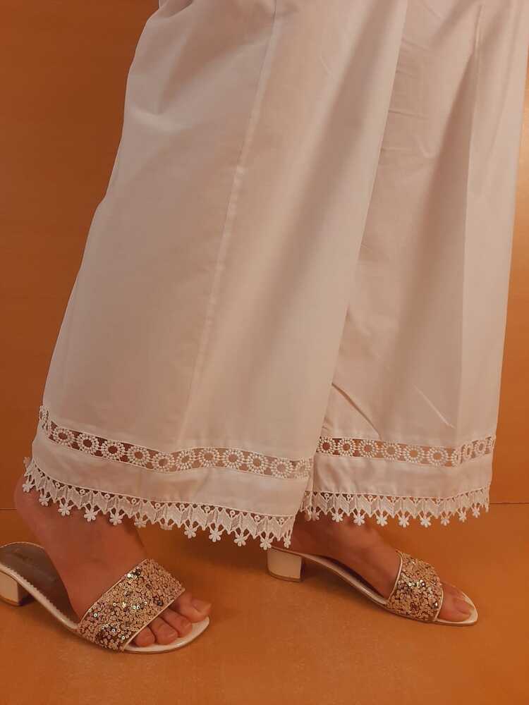 Laces Embellished Cotton Palazzo - White - ZT545