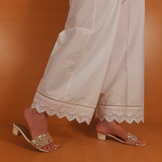 Laces Embellished Cotton Palazzo - White - ZT545