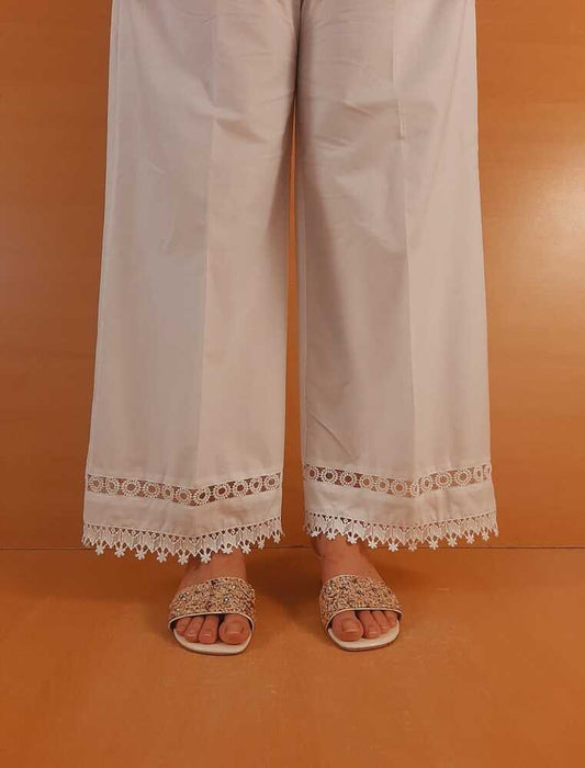 Laces Embellished Cotton Palazzo - White - ZT545
