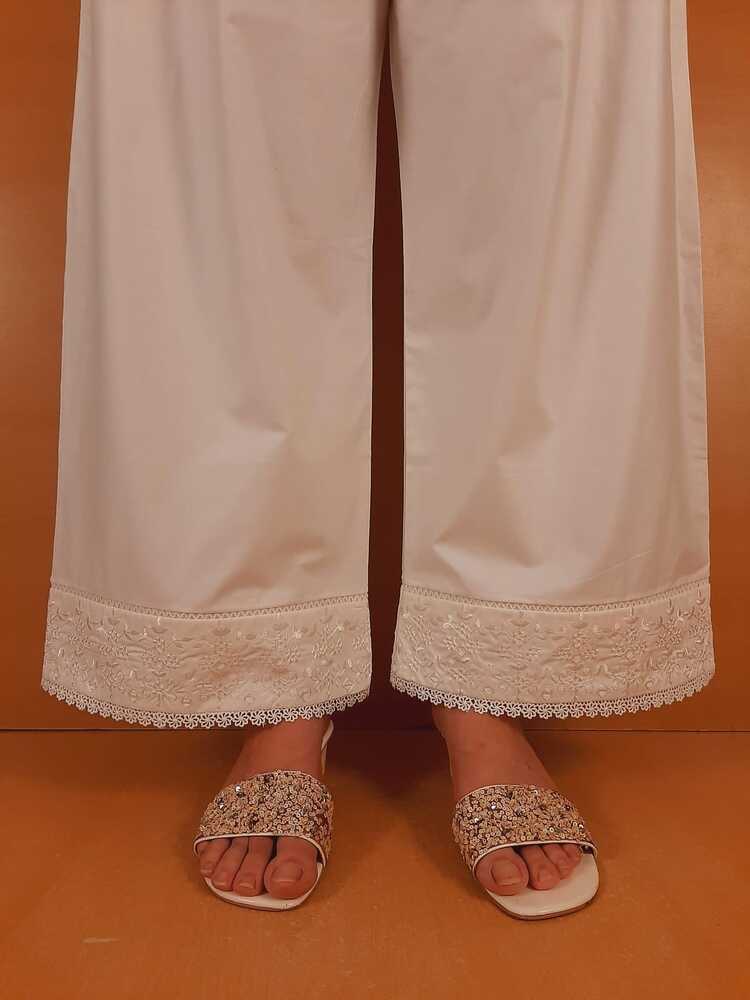 Embroided Cotton Palazzo - White - PT07