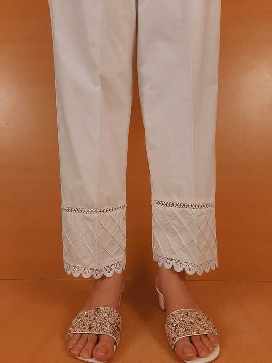 Laces Embellished Cotton Trouser - White - PT40