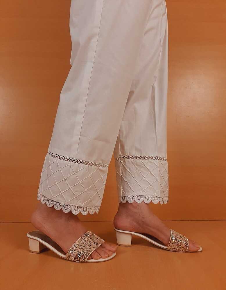 Laces Embellished Cotton Trouser - White - PT40