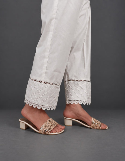 Laces Embellished Cotton Trouser - White - PT40